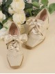 Retro Notes Series Classic Lolita Elegant Satin Shoelaces Square Toe Brogue Carved Mid High Heels Shoes