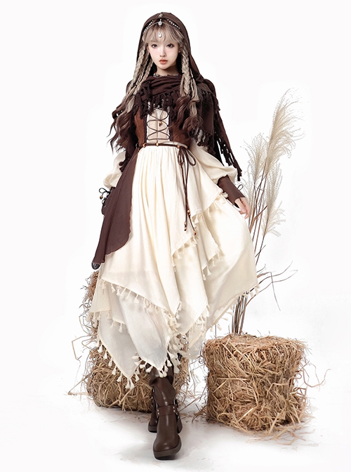 Wandering Witch Series Brown Steampunk Lolita Wasteland Style Loose Cloak Long Sleeves Irregular Dress Vest Set