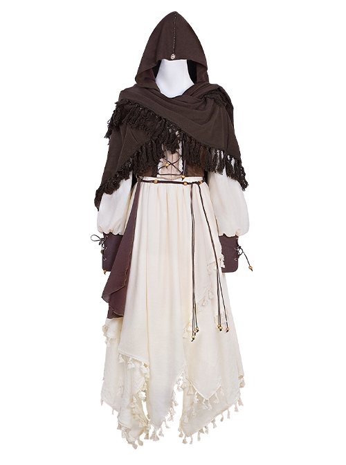 Wandering Witch Series Brown Steampunk Lolita Wasteland Style Loose Cloak Long Sleeves Irregular Dress Vest Set