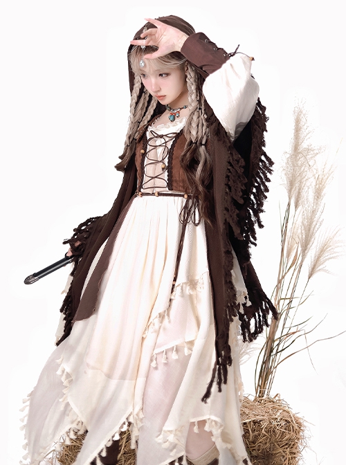 Wandering Witch Series Brown Steampunk Lolita Wasteland Style Loose Cloak Long Sleeves Irregular Dress Vest Set