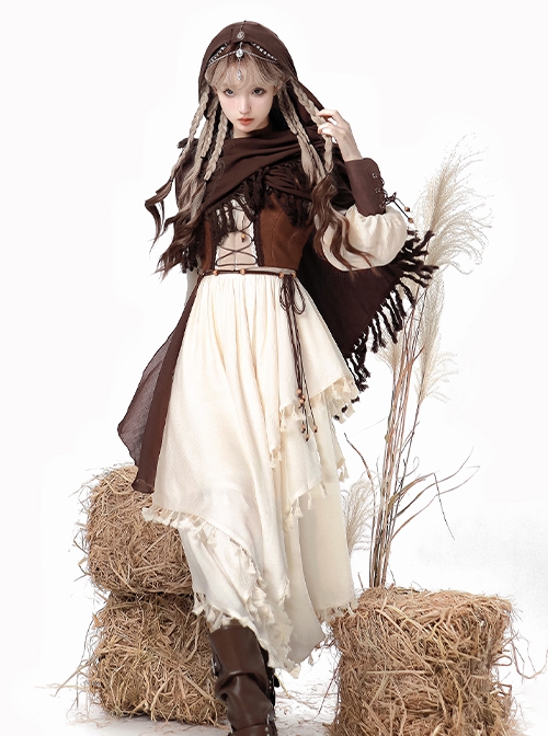 Wandering Witch Series Brown Steampunk Lolita Wasteland Style Loose Cloak Long Sleeves Irregular Dress Vest Set