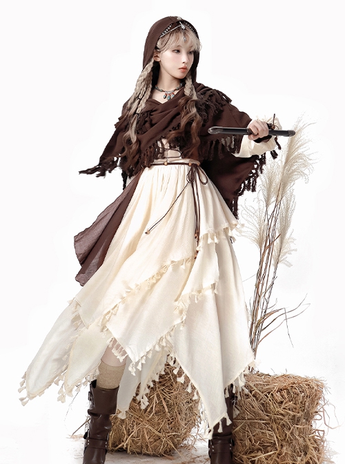 Wandering Witch Series Brown Steampunk Lolita Wasteland Style Loose Cloak Long Sleeves Irregular Dress Vest Set