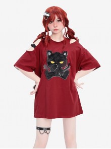 Little Devil Cat Series Cute Flocked Cat Pattern Sweet Cool Off Shoulder Kawaii Fashion Red Short Sleeves T-Shirt