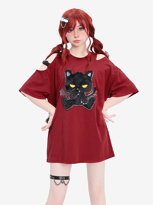 Little Devil Cat Series Cute Flocked Cat Pattern Sweet Cool Off Shoulder Kawaii Fashion Red Short Sleeves T-Shirt