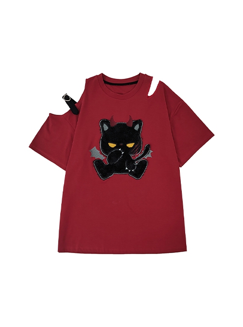 Little Devil Cat Series Cute Flocked Cat Pattern Sweet Cool Off Shoulder Kawaii Fashion Red Short Sleeves T-Shirt