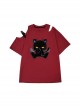 Little Devil Cat Series Cute Flocked Cat Pattern Sweet Cool Off Shoulder Kawaii Fashion Red Short Sleeves T-Shirt