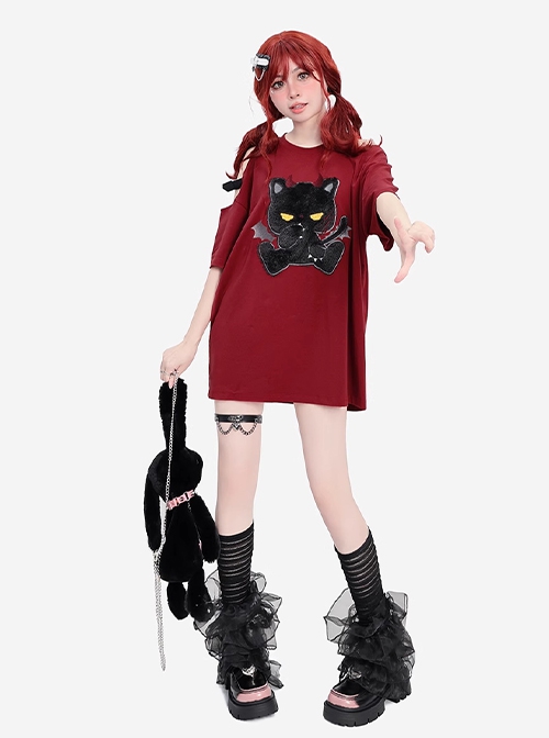 Little Devil Cat Series Cute Flocked Cat Pattern Sweet Cool Off Shoulder Kawaii Fashion Red Short Sleeves T-Shirt