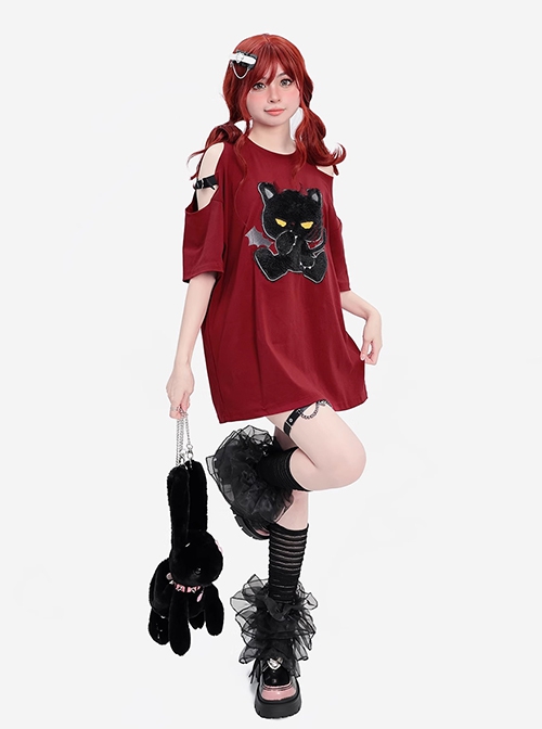 Little Devil Cat Series Cute Flocked Cat Pattern Sweet Cool Off Shoulder Kawaii Fashion Red Short Sleeves T-Shirt