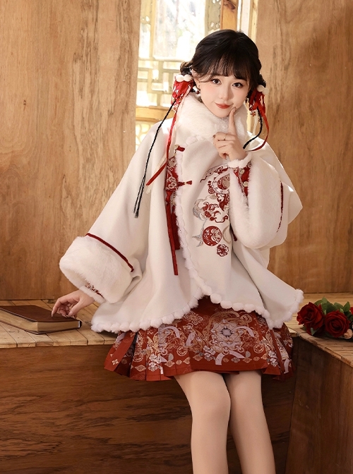 Spirit Snake Drum Series Chinese Style New Year Modified Hanfu Exquisite Embroidery Horse Face Skirt Fur Edge Cloak Set