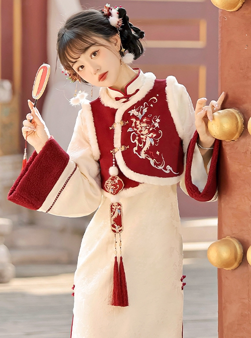 Spring Dawn Series Chinese Style Exquisite Embroidery Improved Hanfu Cheongsam Dress Plush Vest Tassel Pendant Set