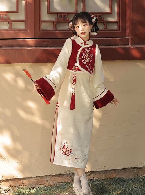 Spring Dawn Series Chinese Style Exquisite Embroidery Improved Hanfu Cheongsam Dress Plush Vest Tassel Pendant Set