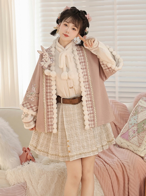 Warm Peach Rabbit Series Sweet Cute Pink Improved Hanfu Horse Face Skirt Shirt Cardigan Coat Set