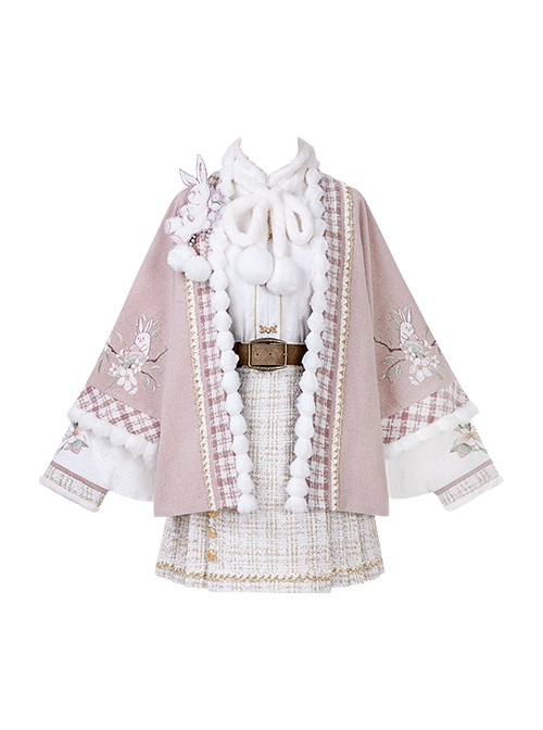 Warm Peach Rabbit Series Sweet Cute Pink Improved Hanfu Horse Face Skirt Shirt Cardigan Coat Set