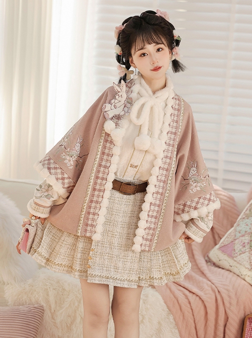 Warm Peach Rabbit Series Sweet Cute Pink Improved Hanfu Horse Face Skirt Shirt Cardigan Coat Set