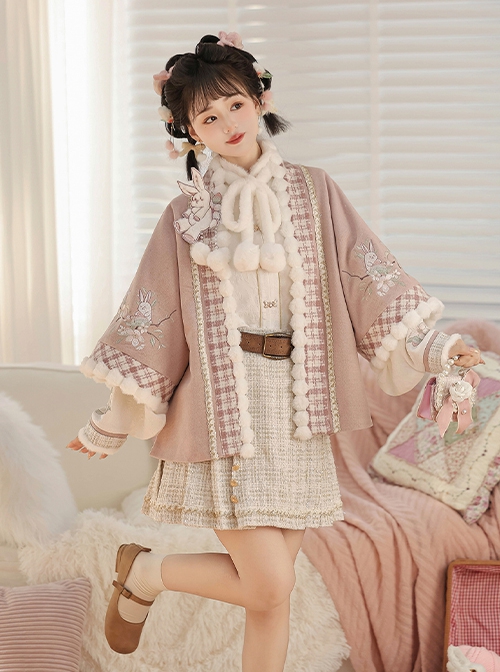 Warm Peach Rabbit Series Sweet Cute Pink Improved Hanfu Horse Face Skirt Shirt Cardigan Coat Set