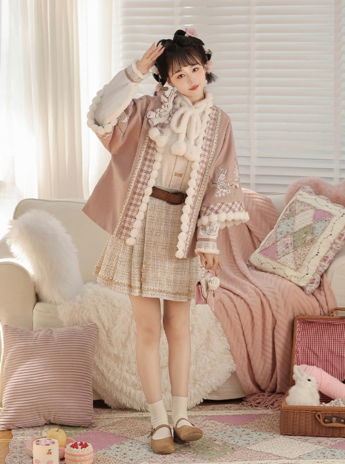 Warm Peach Rabbit Series Sweet Cute Pink Improved Hanfu Horse Face Skirt Shirt Cardigan Coat Set