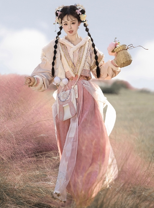 Chinese Han Elements Hanfu Kawaii Fashion Exotic Style Pink Shirt Coat Long Bloomers Bunny Bag Set