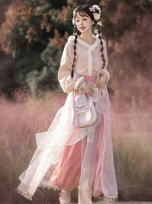 Chinese Han Elements Hanfu Kawaii Fashion Exotic Style Pink Shirt Coat Long Bloomers Bunny Bag Set