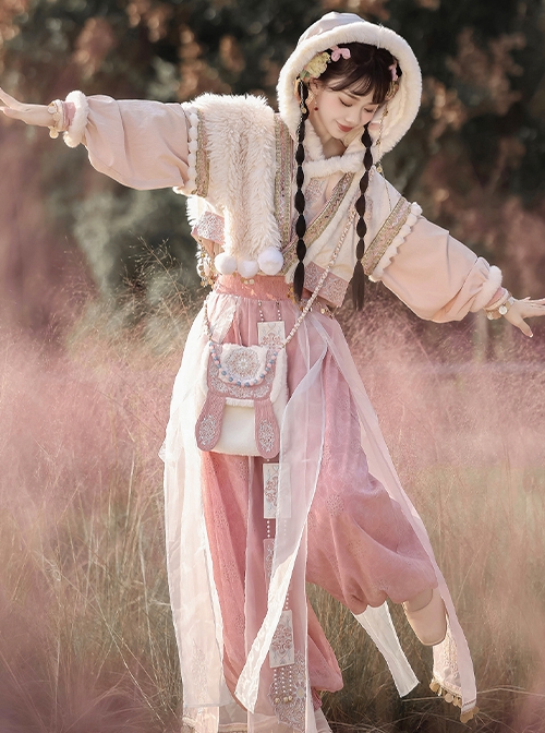 Chinese Han Elements Hanfu Kawaii Fashion Exotic Style Pink Shirt Coat Long Bloomers Bunny Bag Set