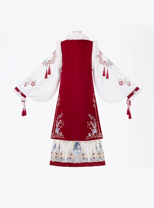 Little Fairy Series Red Chinese New Year Hanfu Exquisite Embroidery Horse Face Skirt Long Vest Cross Collar Top Set