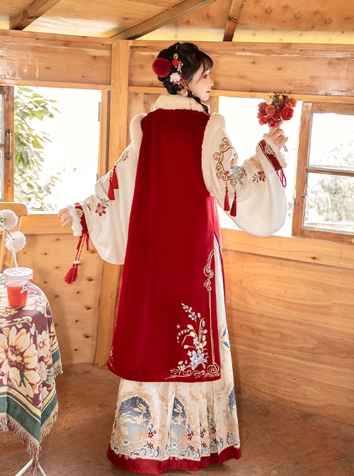 Little Fairy Series Red Chinese New Year Hanfu Exquisite Embroidery Horse Face Skirt Long Vest Cross Collar Top Set