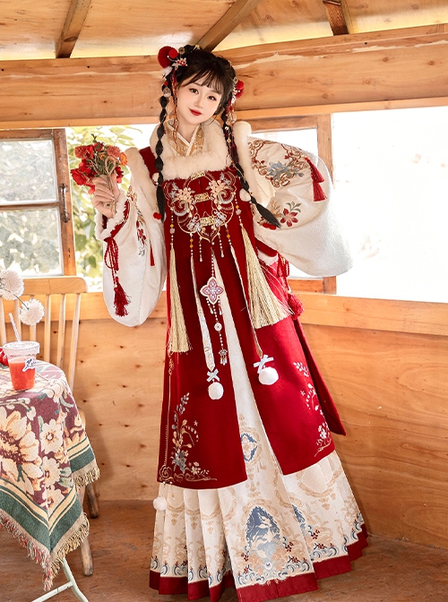 Little Fairy Series Red Chinese New Year Hanfu Exquisite Embroidery Horse Face Skirt Long Vest Cross Collar Top Set