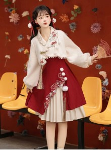 Winter Song Series Improved Hanfu Sweet Chinese Style Auspicious Cloud Embroidery Dress Pleated Skirt Coat Set