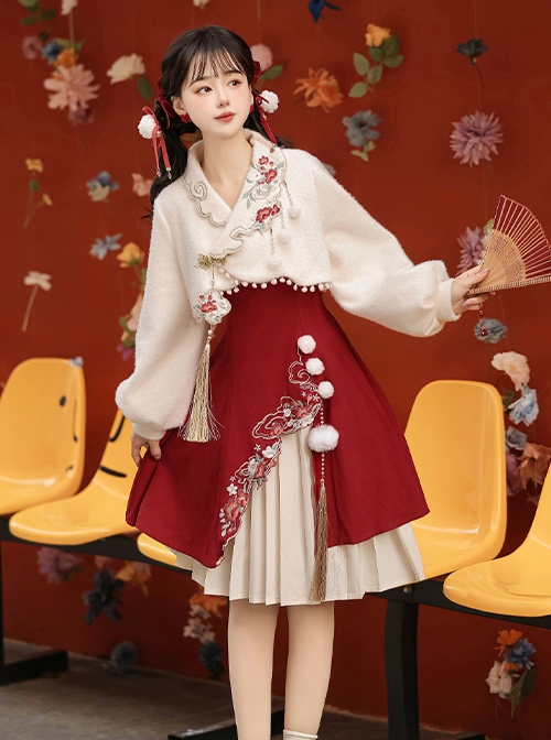 Winter Song Series Improved Hanfu Sweet Chinese Style Auspicious Cloud Embroidery Dress Pleated Skirt Coat Set