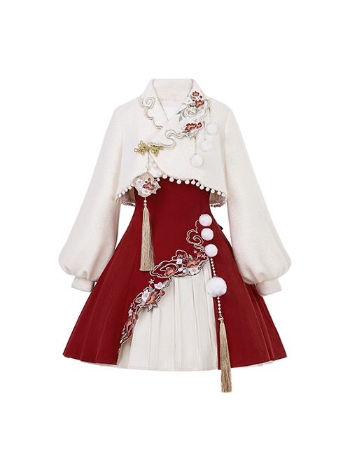 Winter Song Series Improved Hanfu Sweet Chinese Style Auspicious Cloud Embroidery Dress Pleated Skirt Coat Set