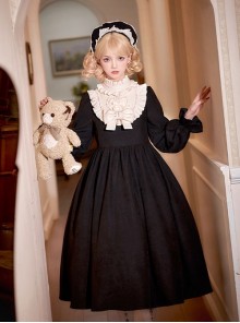 Twilight Choir Series Classic Lolita Antique Doll Cute Black High Waist Ruff Collar Long Sleeves Dress