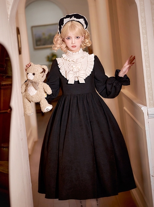 Twilight Choir Series Classic Lolita Antique Doll Cute Black High Waist Ruff Collar Long Sleeves Dress