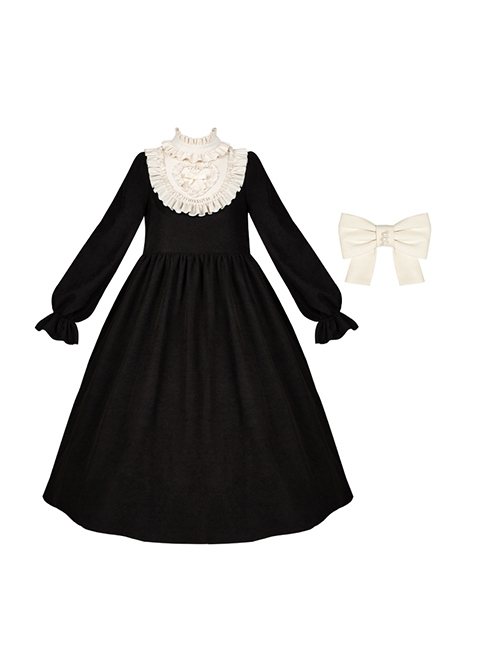 Twilight Choir Series Classic Lolita Antique Doll Cute Black High Waist Ruff Collar Long Sleeves Dress