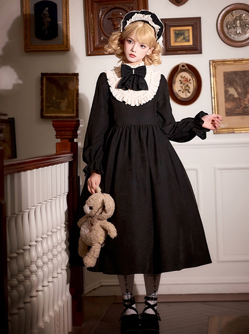 Twilight Choir Series Classic Lolita Antique Doll Cute Black High Waist Ruff Collar Long Sleeves Dress