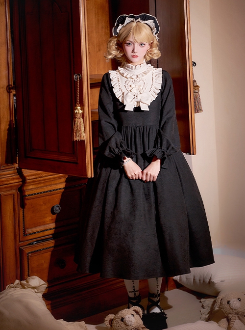 Twilight Choir Series Classic Lolita Antique Doll Cute Black High Waist Ruff Collar Long Sleeves Dress