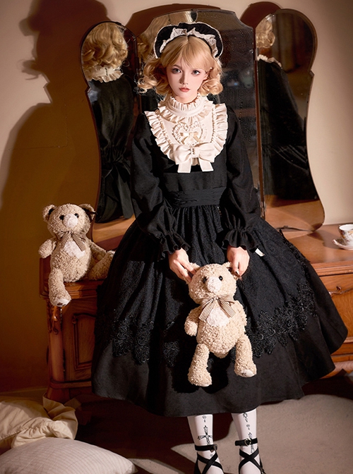 Twilight Choir Series Classic Lolita Antique Doll Cute Black High Waist Ruff Collar Long Sleeves Dress