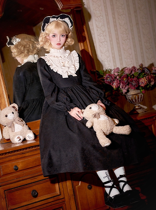 Twilight Choir Series Classic Lolita Antique Doll Cute Black High Waist Ruff Collar Long Sleeves Dress