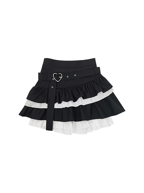 Idol Diary Series Sweet Cool Lace Splicing Metal Heart Buckle Kawaii Fashion Puffy Cake Skirt