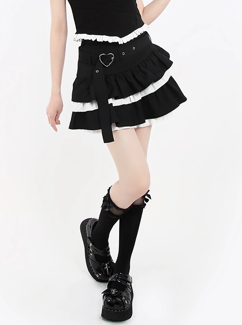 Idol Diary Series Sweet Cool Lace Splicing Metal Heart Buckle Kawaii Fashion Puffy Cake Skirt