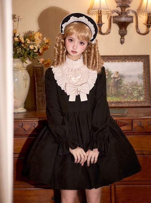 Twilight Choir Series Classic Lolita Black Cute Retro Doll Sense High Waist Ruff Collar Long Sleeves Short Dress