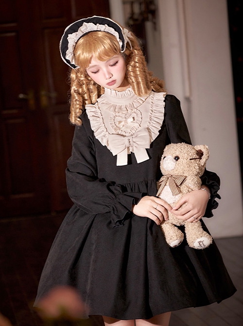 Twilight Choir Series Classic Lolita Black Cute Retro Doll Sense High Waist Ruff Collar Long Sleeves Short Dress