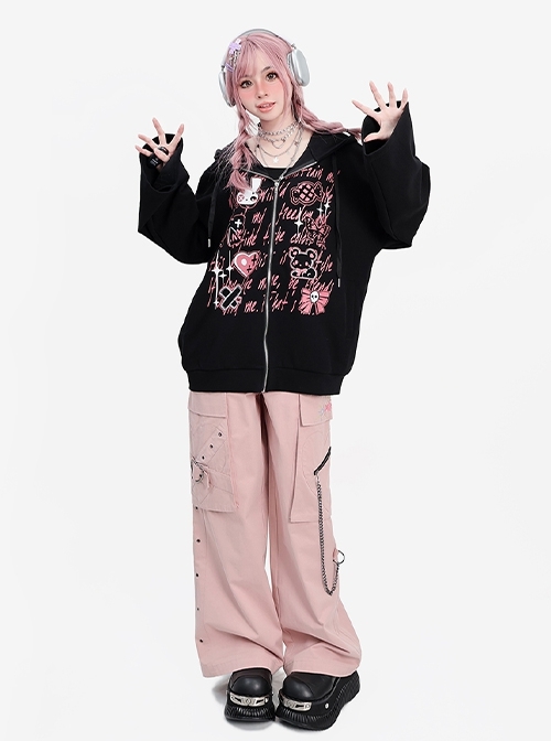 Shining Party Series Sweet Cool Subculture Cartoon Print Kawaii Fashion Black Loose Long Sleeves Hooded Coat