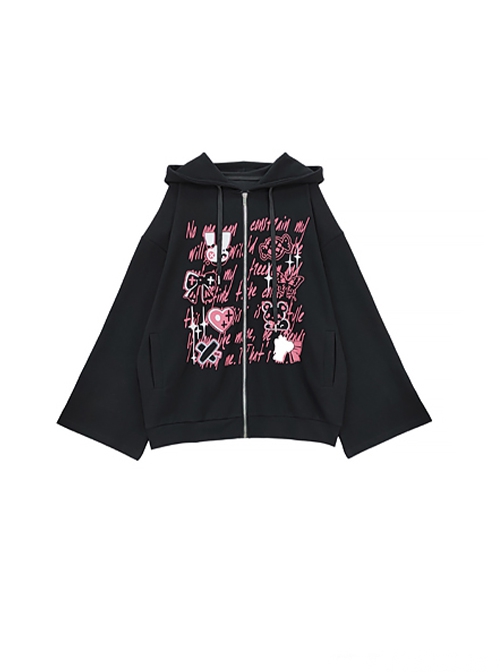 Shining Party Series Sweet Cool Subculture Cartoon Print Kawaii Fashion Black Loose Long Sleeves Hooded Coat