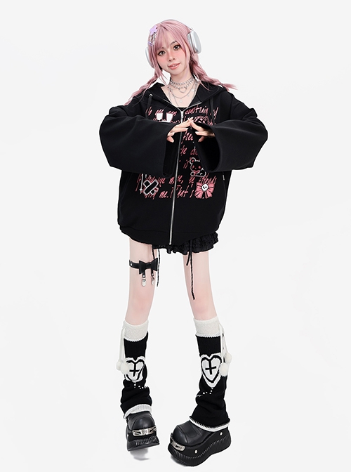 Shining Party Series Sweet Cool Subculture Cartoon Print Kawaii Fashion Black Loose Long Sleeves Hooded Coat