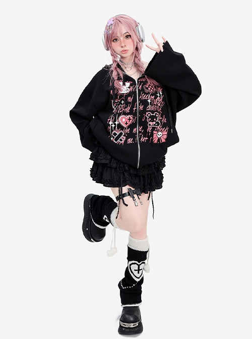 Shining Party Series Sweet Cool Subculture Cartoon Print Kawaii Fashion Black Loose Long Sleeves Hooded Coat