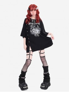 Devil's Love Series Unique Off Shoulder Split Button Kawaii Fashion Black Loose Short Sleeves T Shirt