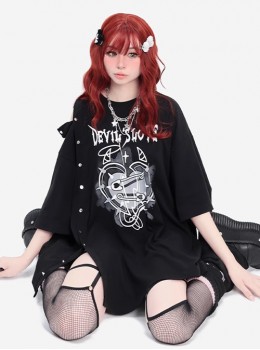 Devil's Love Series Unique Off Shoulder Split Button Kawaii Fashion Black Loose Short Sleeves T Shirt