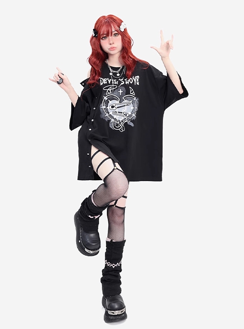 Devil's Love Series Unique Off Shoulder Split Button Kawaii Fashion Black Loose Short Sleeves T Shirt