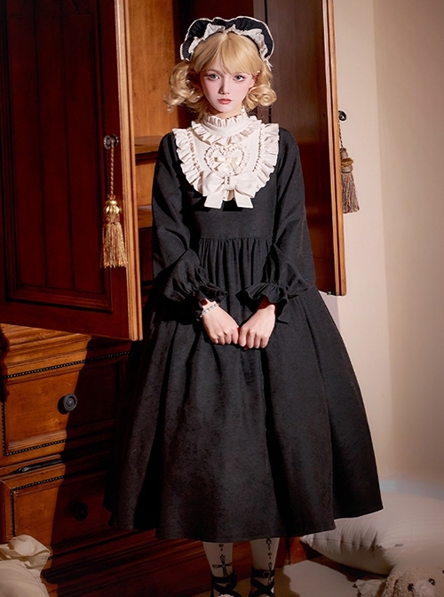 Twilight Choir Series Black Retro Doll Sense Classic Lolita High Waist Ruff Collar Long Sleeves Long Dress