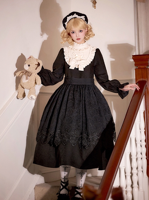 Twilight Choir Series Black Retro Doll Sense Classic Lolita High Waist Ruff Collar Long Sleeves Long Dress