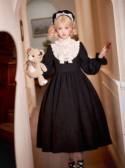 Twilight Choir Series Black Retro Doll Sense Classic Lolita High Waist Ruff Collar Long Sleeves Long Dress